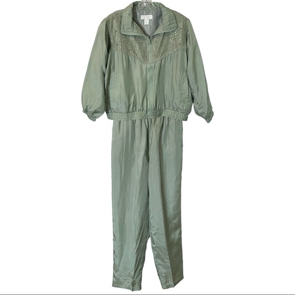 Vintage Y2K Maurada 100% Silk Beaded Lace Tracksuit Set XL Sage Jogger Jacket - Picture 1 of 16